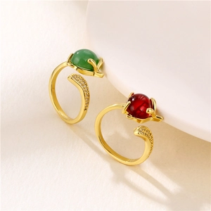 Adjustable gold plated fox ring set with red and green gemstones and cubic zirconia