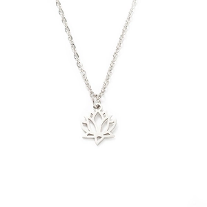 Polished stainless steel lotus pendant necklace with minimalist silver link chain