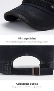 Detail view of vintage flat top cap with distressed brim and metal back adjustment buckle