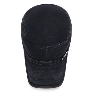 Vintage washed black flat top army cap with bamboo cotton texture and metal side buckle