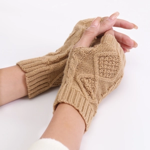 Detailed knit texture and diamond pattern on camel fingerless wool gloves for women