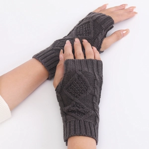 Detailed view of dark grey diamond-patterned knit fingerless gloves for winter warmth