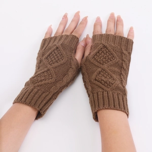 Detailed close-up of diamond knit texture on coffee brown fingerless gloves