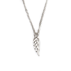 Polished stainless steel necklace featuring a laser-cut angel wing pendant on a fine link chain