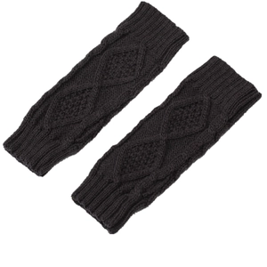 Close-up of dark grey diamond-pattern knit arm warmers with detailed cable stitch texture