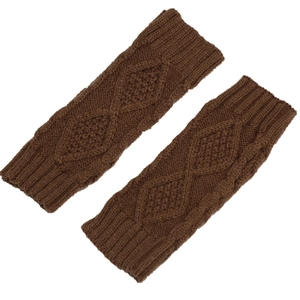 Detail of dark brown knitted fingerless gloves with diamond cable stitch and ribbed cuffs