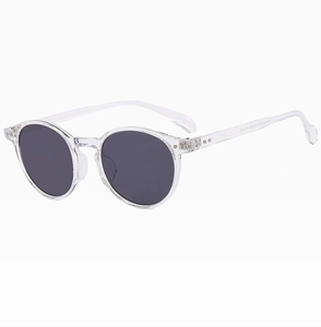 Detail view of transparent round sunglasses with dark lenses and premium metal hinges