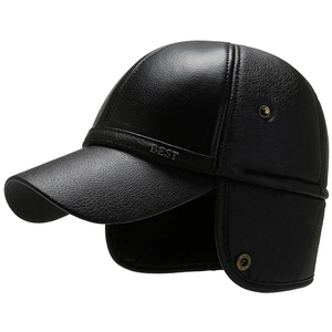 Black leather baseball cap for elderly men with ear flaps and metal Best badge