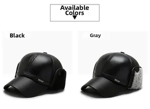 Close-up of winter faux leather earflap caps for men in black and grey color options