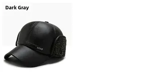 Close-up of deep grey ear-flaps hat with thick fleece lining and faux leather texture