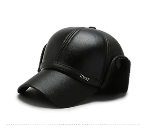 Detail view of winter baseball cap for elderly men with fold-down ear flaps and warm lining