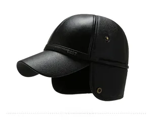 Side view of winter leather cap for elderly men with ear flaps and metal buckle