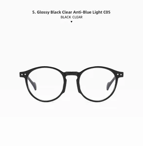 Close-up of classic round glossy black glasses frame with anti-blue light clear lenses