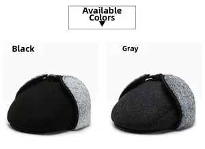 Winter men's flat caps in black and grey with ear flaps and wool texture detail