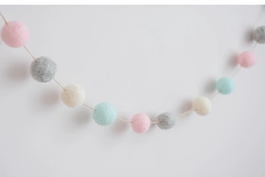 Macaron wool felt ball garland with pink grey and mint green balls for Nordic home decor