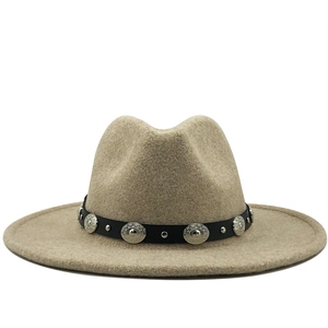 Elegant beige wool wide brim fedora hat with a decorative studded black leather band