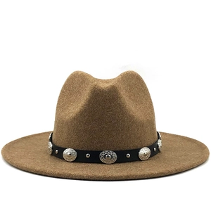 Classic dark camel wool fedora hat with a studded leather band for women in autumn