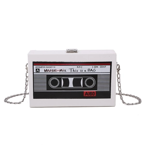 Retro white cassette tape shaped crossbody box bag with silver metal chain strap
