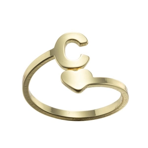 Detailed view of adjustable gold-finished ring featuring letter C and heart design