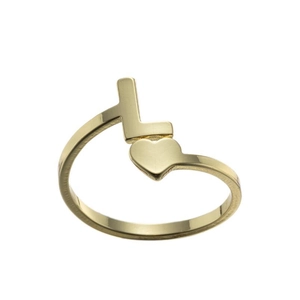 Detailed view of gold L-letter and heart-shaped minimalist open ring for women