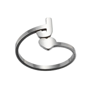 Detail view of adjustable silver stainless steel ring with J letter and heart design