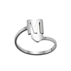 Detailed view of silver letter M ring with heart accent and adjustable open band design