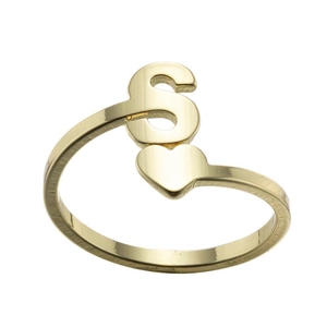 Adjustable gold plated stainless steel ring with letter S and heart charm for women