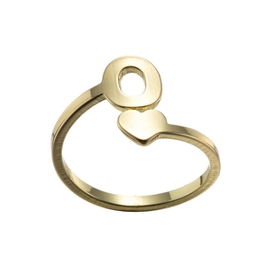 Detail of adjustable gold heart and circle ring with an open band design