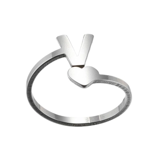 Top view of silver adjustable heart ring featuring uppercase letter V in minimalist design