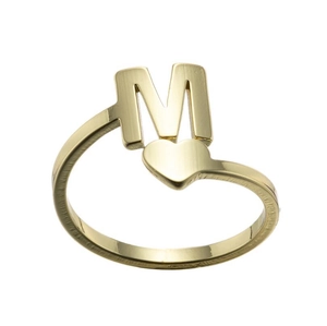 Detail shot of golden initial M ring with heart shape on stainless steel band