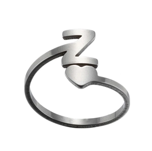 Minimalist silver stainless steel open ring with heart and letter Z engraved pattern