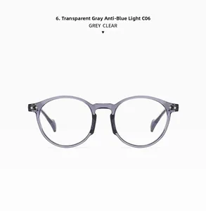 Detail view of round transparent grey frame glasses with anti-blue light clear lenses