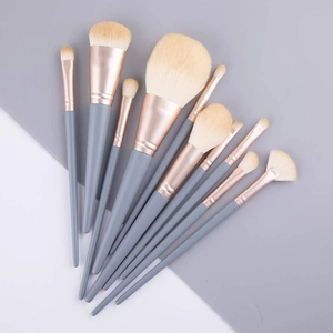10-piece professional makeup brush set with grey matte handles and rose gold ferrules