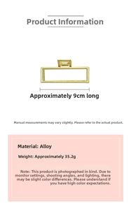 Detail of 9cm large gold alloy hair claw clip showing 35.2g weight and dimensions