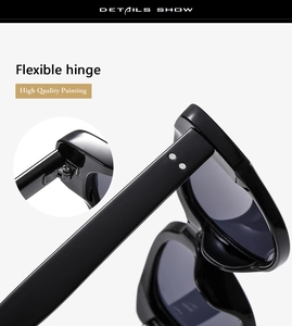 Detail view of cat eye sunglasses showing flexible hinges and silver rivets on the frame