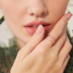 Minimalist double-layered rose gold cross ring with pave micro-stones for women