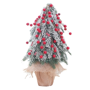 Desktop 40cm snowy Christmas tree with red berries and a rustic burlap base
