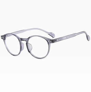 Detail of grey translucent round frame sunglasses with silver rivets and ZN9890 model text