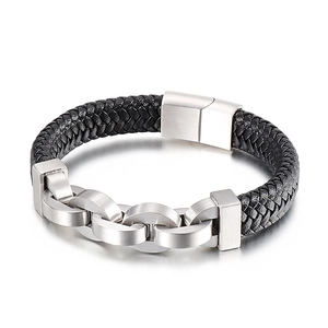 Bracelet pour homme en cuir noir tressé avec maillons en acier inoxydable et fermoir magnétique