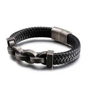 Bracelet pour homme en cuir tressé noir avec chaîne en acier inoxydable et fermoir aimanté