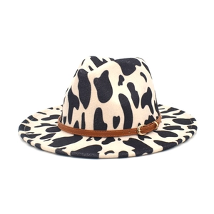Cow Print Wide Brim Fedora Hat Woolen Felt Vintage Jazz Cap With Faux Leather Belt Gold Buckle For Men Women