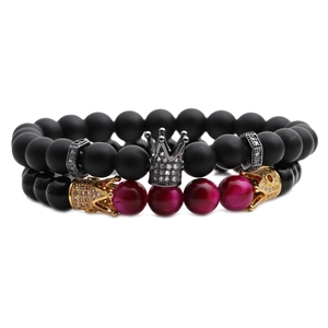 Tigerauge und Mattstein Kronen-Perlenarmband-Set in Schwarz und Magenta Tönen