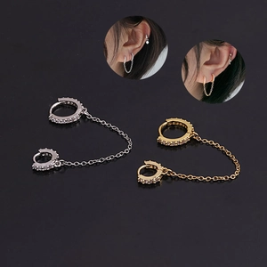 Zircon Round Pendant Double Piercing Cartilage Earrings Copper Chain Link Hoop Fashion Jewelry For Women Chic Style