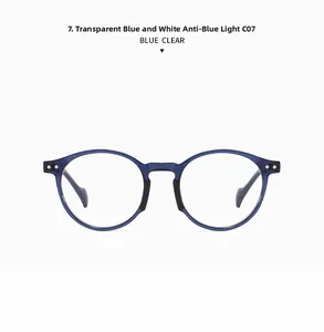 Close-up of retro round blue frames with anti-blue light clear lenses and rivets