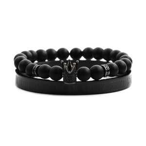 Ensemble bracelet en perles noires mates avec couronne et jonc romain en acier noir