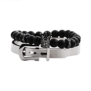 Herren Schmuck-Set mit schwarzen mattierten Perlen, Kronen-Anhänger und Silber-Metallschnallen-Armreif
