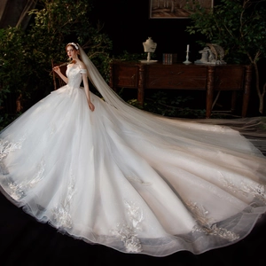 Robe de mariée blanche élégante avec broderie de luxe et longue traîne royale