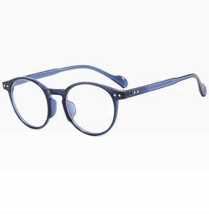 Detail view of transparent blue round glasses frame with silver temple specification text