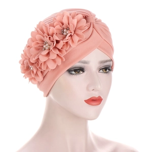 Turban Plissé En Polyester Avec Décoration De Fleurs Künstliche Perle Strass Coiffure Élégante Pour Femmes Bonnet Chimio