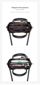 Black tote bag interior view showing multi-layer compartments for iPad Mini and umbrella